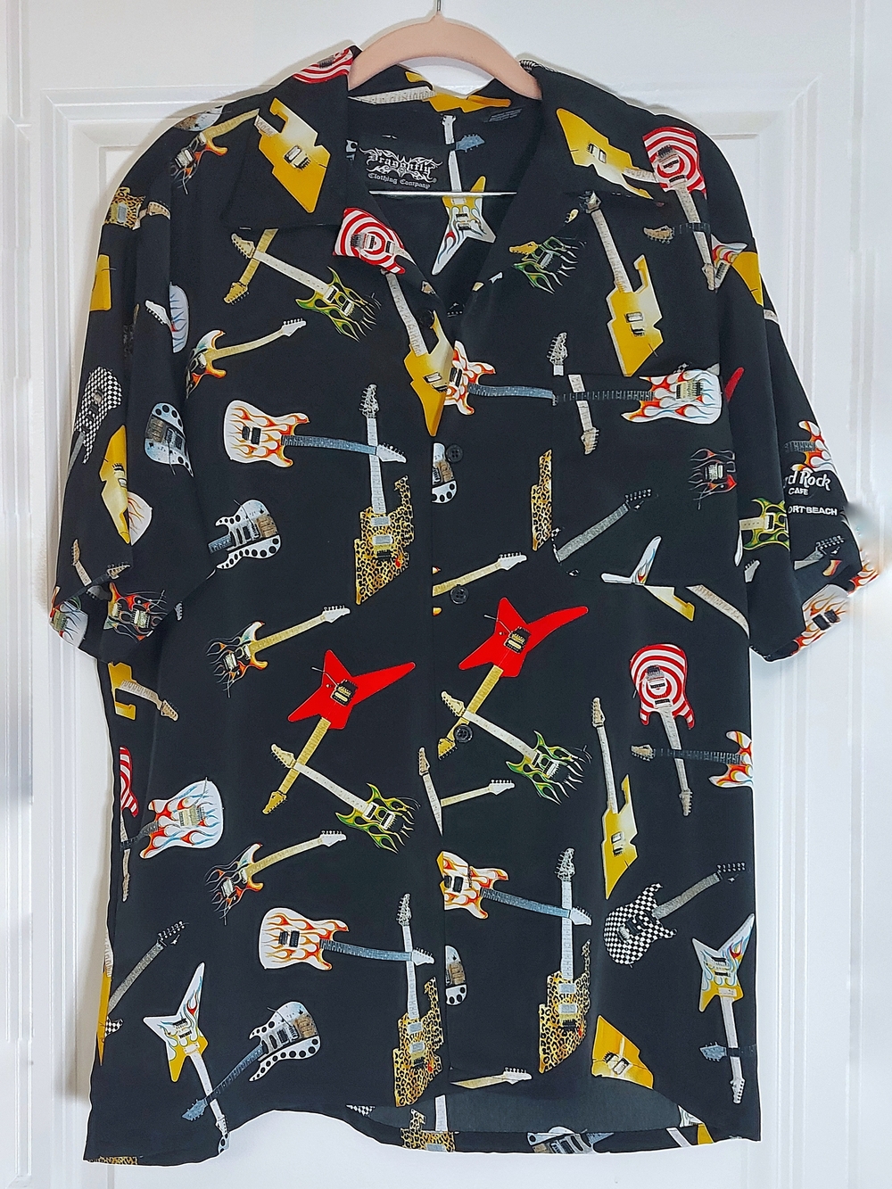 Hard Rock Cafe Black Guitar-Print Camp Shirt